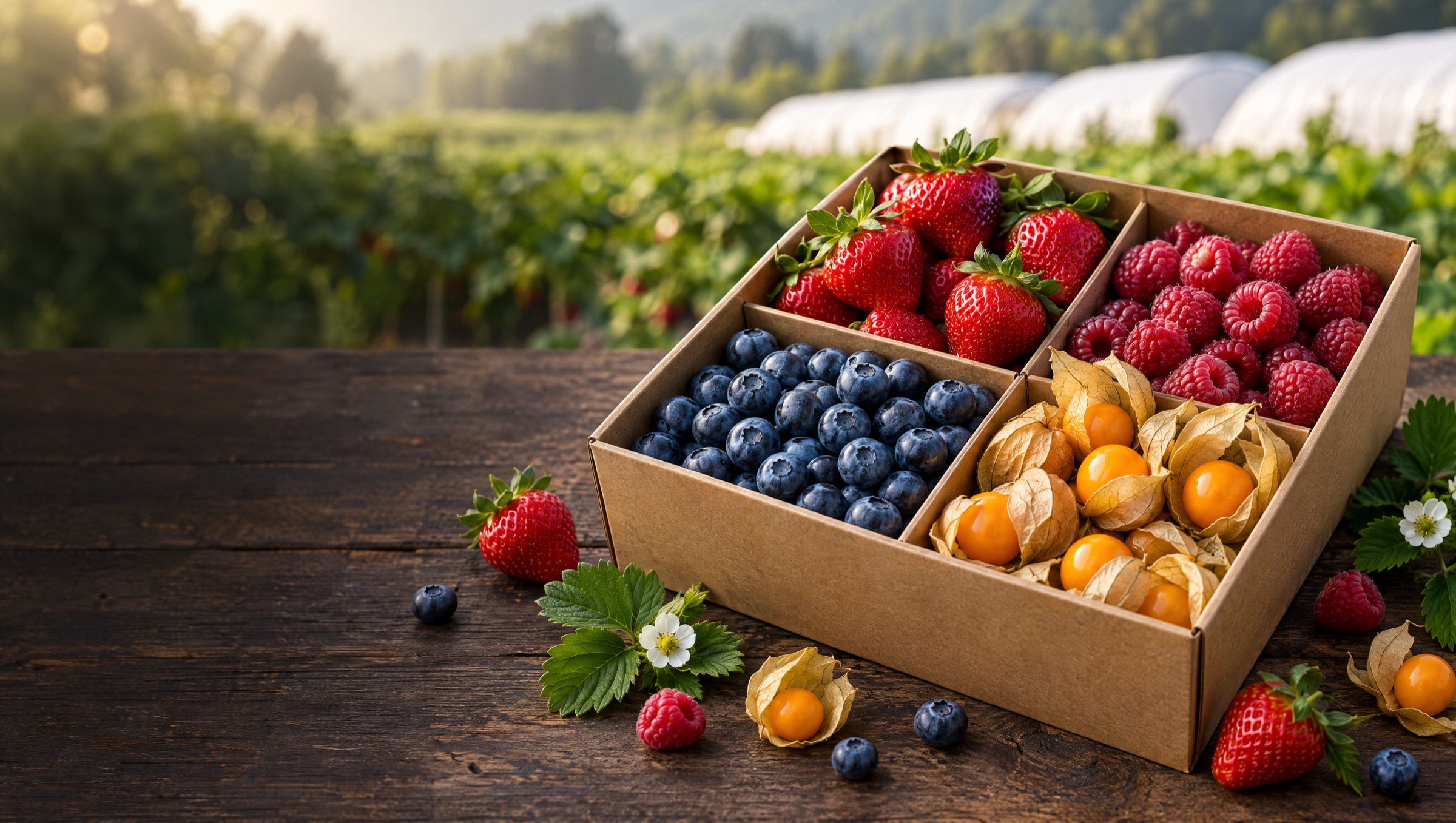 A kraft box filled with strawberries, raspberries, blueberries and cape gooseberries on a wooden table
